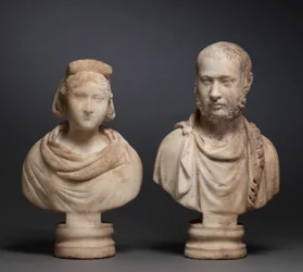 Portrætbuste af en aristokratisk kvinde og portrætbuste af en aristokratisk mand, 280-290 (marmor)