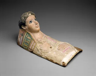 Portrætmaske af en ung mand i gips, ca. 140-190 e.Kr. (gips, linned, maling, lapis lazuli, glas)