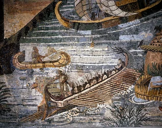 En romersk bireme (en slags galere har to rækker) Detalje af en mosaik i Palestrina.