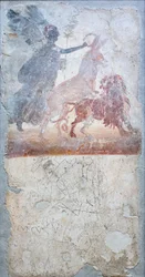 Et æsel, der trænger ind i en løve, krones af gudinden Victoria, under en graffito med gladiatorkamp, insigna af en butik