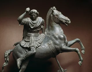 Alexander den Store (356-323 f.Kr.) til hest. Hesten menes at være Bukefalos. Bronzeskulptur efter en original ved Lysippos fra Sikyon (395-305 f.Kr.). Napoli, Museo Archeologico Nazionale