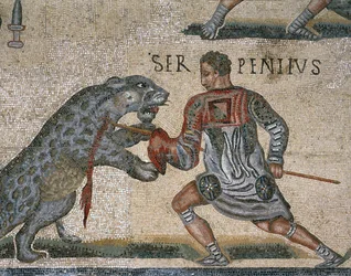 Detalje af en mosaik af en Gladiatorkamp, oprindeligt fra Torre Nuova