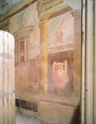 Detalje af fresker i tricliniumhallen, Labyrintens hus, Pompeji, Campania, romersk civilisation
