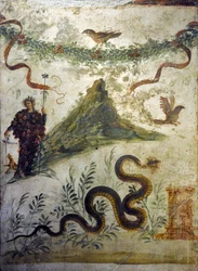 Dionysos klædt i drueklaser, stående foran Vesuv - Fresko fra Pompeji, Casa del Centenario (Hundredårshuset) - Napoli, Det Nationale Arkæologiske Museum