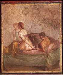 Kalkmaleri, der afbilder erotisk emne, fra Pompei, Italien