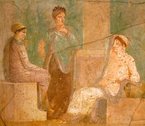 Kalkmaleri, der afbilder gruppe af romerske damer i samtale, fra House of Ancient Hunt, i Pompeji, Campania, romersk civilisation