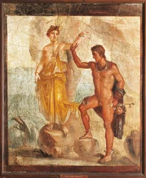 Italia, Campania, Pompei, Perseus vapauttamassa Andromedan viiden luurangon talosta, fresko