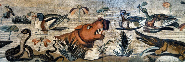 Mosaikfrise fra Pompeji (Faunens Hus, Casa del Fauno - nilotisk scene - dyreliv ved Nilen: flodhest, krokodille, slange, ænder - romersk kunst - Det Nationale Arkæologiske Museum i Napoli, Italien - Museo Archeologico Nazionale, Napoli, Italia - fotografi