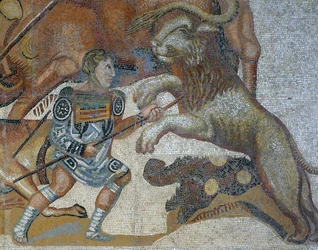 Mosaik med en scene af en jagt på et vildt dyr, detalje af en gladiator, der dræber et vildt dyr