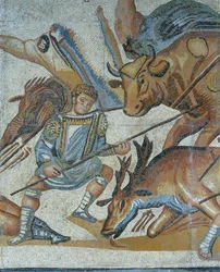 Mosaik med en scene af en jagt på vilde dyr, detalje af en gladiator, der dræber et dyr