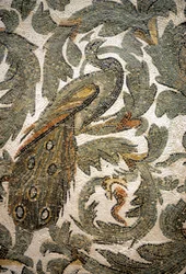 Påfugl, detalje af mosaik - 4. århundrede e.Kr., Bardomuseet, Tunis