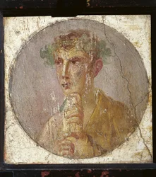 Portræt af en ung mand med en papyrusrulle fra Italien, Campania, Pompeji, maleri på gips, 55-79 e.Kr.