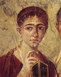Portræt af bageren Terentius Neo og hans hustru i formelt tøj, detalje af hustruen med sin griffel og åbne diptykon, fra Italien, Campania, Pompeji, 55-79 e.Kr., maleri på puds