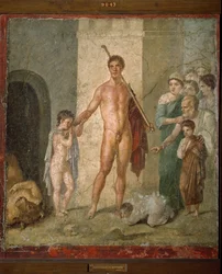 Repræsentation af Thesee, heltene fra den græske mytologi, der befrier de syv unge mænd fra labyrinten efter minotaurens triumf. Fresko fra Villa de Gavius Rufus i Pompei. Svag. 88x97 cm Arkæologisk museum i Napoli - romersk kunst: repræsentation o