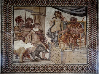 Romersk kunst: "" Admete, konge af Pheres i Thessalien, efter at have tæmmet en orne og en løve, beder Pelias, konge af Iolcos, om sin datter Alcestes hånd."" Mosaik af Admetes bryllup. Nimes, Museum of Fine Arts