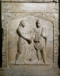 Romersk kunst: gravalter dekoreret med en bryllupsscene (Junctio dextrarum). Lavt relief. Rom, Museo Nazionale Romano