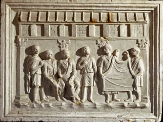 Romersk kunst: lavreliefform, der repræsenterer et stof og gobeliner. Fra en original fra det 2. århundrede e.Kr. Rom Museo della Civilta Romana