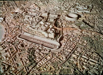 Romersk kunst: model, der forestiller byen Rom under antikken. I midten reserverer Circus Maximus eller Grand Circus til kampvognsløb. Rom, Museo della Civilta romana - romersk kunst. Cirkus Maximus og etruskiske mure. Detalje fra rekonstruktionsmodellen