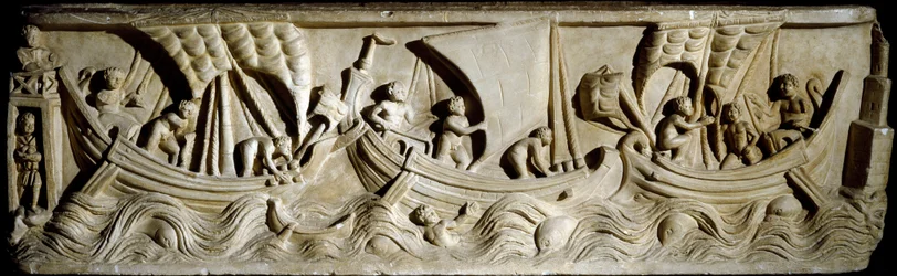 Romersk kunst: "" navigationsscene"" Lavt relief fra Via Labicana i Rom. Rom, Musee de la Civilta Romanesque