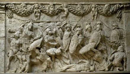 Romersk kunst: scene for kamp mellem romere og gallere. Gengivelse af et lavt relief fra Mausolee of Glanum, et begravelsesmonument i galloromain bygget mellem 30 og 20 f.Kr. til hyldest til Julius-familien. Rom, Museo della Civilta Romana