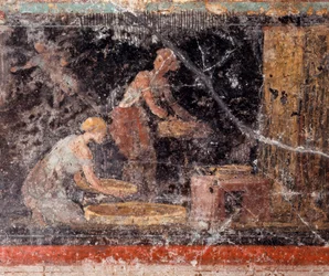 Romersk kunst: kvinder, der udfører husarbejde, fra frisen i rum C, Villa Farnesina, Rom, Museo Nazionale Romano