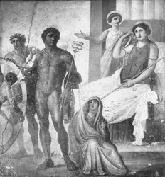 Scene fra torturen af Ixion, detaljer fra Casa dei Vettii (Vettiiernes hus) ca. 63-79 e.Kr. (fresco) (s/h foto)