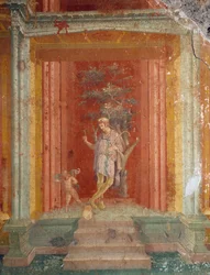 Teaterscene, fresco (IV-stil) på rød baggrund fra House of Pinarius Cerialis, Pompeji (Unescos verdensarvsliste