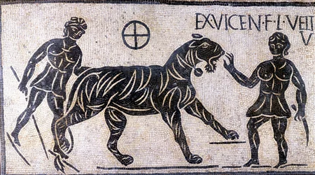 Tigertæmmere i Colosseums vægge - romersk mosaik