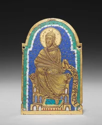 Plade: Siddende profet fra et relikvieskrin: Osea (Hosea), ca. 1170-1180 (forgyldt kobber, champlevé-emalje)