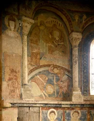 Romansk kunst: Maleri, der forestiller Saint Laurents martyr (1103-1130). Fresco. Chapel of the Chateau des Moines, Berze la Ville (Berze-la-Ville i Saone og Loire, Bourgogne), Frankrig.