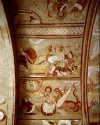 Romansk kunst: interiør i klostret Saint-Savin-sur-Gartempe (Saint Savin sur Gartempe) i Vienne (Frankrig), grundlagt af Karl den Store (1060-1115). Vægmaleri i loftet omkring 1100. Fresko.