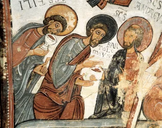 Romansk kunst: "" apostlene Philip, Barthelemy og Andre "" Fresco of the Vote of the Cene, Church of St. Isidore 12. århundrede Real Colegiata af San Isidoro, Leon