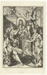 Allegorisk frontispice med portræt af Vilhelm III Voyage de sa Majeste Britannique en Hollande (titel på objekt)