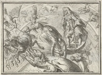 Karikatur, der forestiller Ludvig XIV som Apollon i sin stridsvogn, 1701