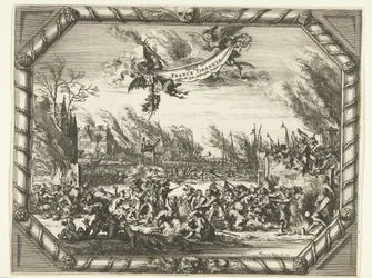 Franske grusomheder i Bodegraven og Zwammerdam, 1672 Spiegel der France Tirannye bønfaldt ved Hollantsche Dorpen (titel på objekt)