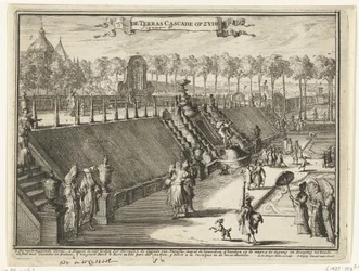 Udsigt (fra siden) af et terrassevandfald i parken Paleis Het Loo The Terrace Cascade på siden (titel på objekt) Udsigt over Paleis Het Loo, de tilhørende bygninger og den tilhørende park (serietitel)