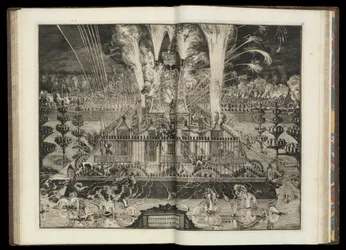 Stort fyrværkeri. Fra "Hans britiske majestæts triumferende hjemkomst til Holland" (CBL AL 146, pl.67).