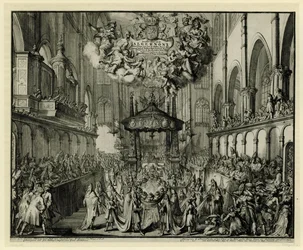 Choir of Westminster Abbey med dronningens begravelsesceremoni, 1695 In