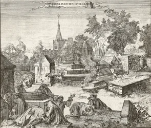 Sorg på den portugisisk-jødiske kirkegård i Beth Haim af Ouderkerk på Amstel i Holland - Indgravering af Romeyn de Hooghe (1645-1708)