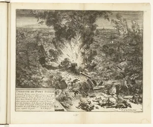Sprængning af Parmas skibsbro over Schelde, 1585 Deroute du Pont Farnese (titel på objekt) Guerres de Flandres (serietitel)