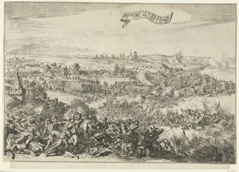Slaget ved Seneffe, 1674 Seer rasende Attacque forvandles til en Bataille mellem Geallie-hærene. en der Fransen (titel på objekt) Beskrivelse af den rasende Attacque der Franssen, On the Bagagie of the Army of the Allies: Bliver til en sc.