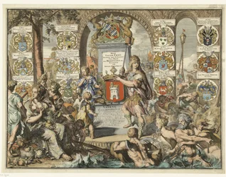 Titeltryk Caartboeck van Voorne, 1701 Voorne Caart-Boeck af alle landsbyer, og poldere beliggende i den østlige Lande, og den vestlige Voorne (...) 7. juni 1695. Som da Bailliuw og Leenmannen var ovenstående og de tilstødende Heeren. (titel på objekt)