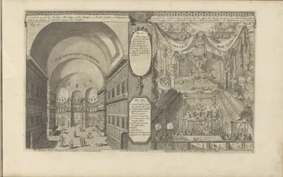 tyrkisk moské i Konstantinopel; Keizerlijkhof i Kina Turksche håner van binnen / Det indre af S. Sophia-moskeen, i Konstantinopel // Kinesisk Hof Pomp / Magnificience of the Court of Emp. fra Kina. (titel på objekt) Ostindien og O