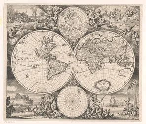 Verdenskort med en allegori over de fire elementer. Nova totius terrarum orbis tabula (titel på objektet)