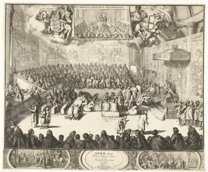 Zitting van het Lagerhuis met koningin Anna op de troon, 1702 Anne, D.G. Dronningen af ​​Storbritannien, såvel som de store prinser af England bekendte (titel på objekt)