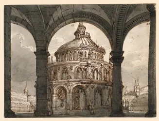 Scenedesign, Atrium med Hospitallernes Tempel til Operaen "La Straniera" af Vincenzo Bellini
