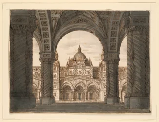 Scenedesign, kirkefacade fra en loggia, I due Valdomiri af Felice Romani, musik af Pietro de Winter. Opført på La Scala, Milano, 1818