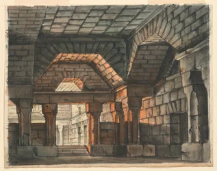 Scenedesign, befæstet slotinteriør til "Ciro in Babilonia" af Gioachino Rossini, La Scala, Milano, 1818, "Underjordisk fængsel"