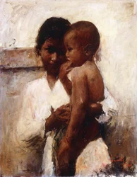 Affection, a Javanese Beauty Holding a Child (olie på lærred)