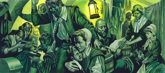 Overfyldte forhold på The Mayflower (gouache på papir)